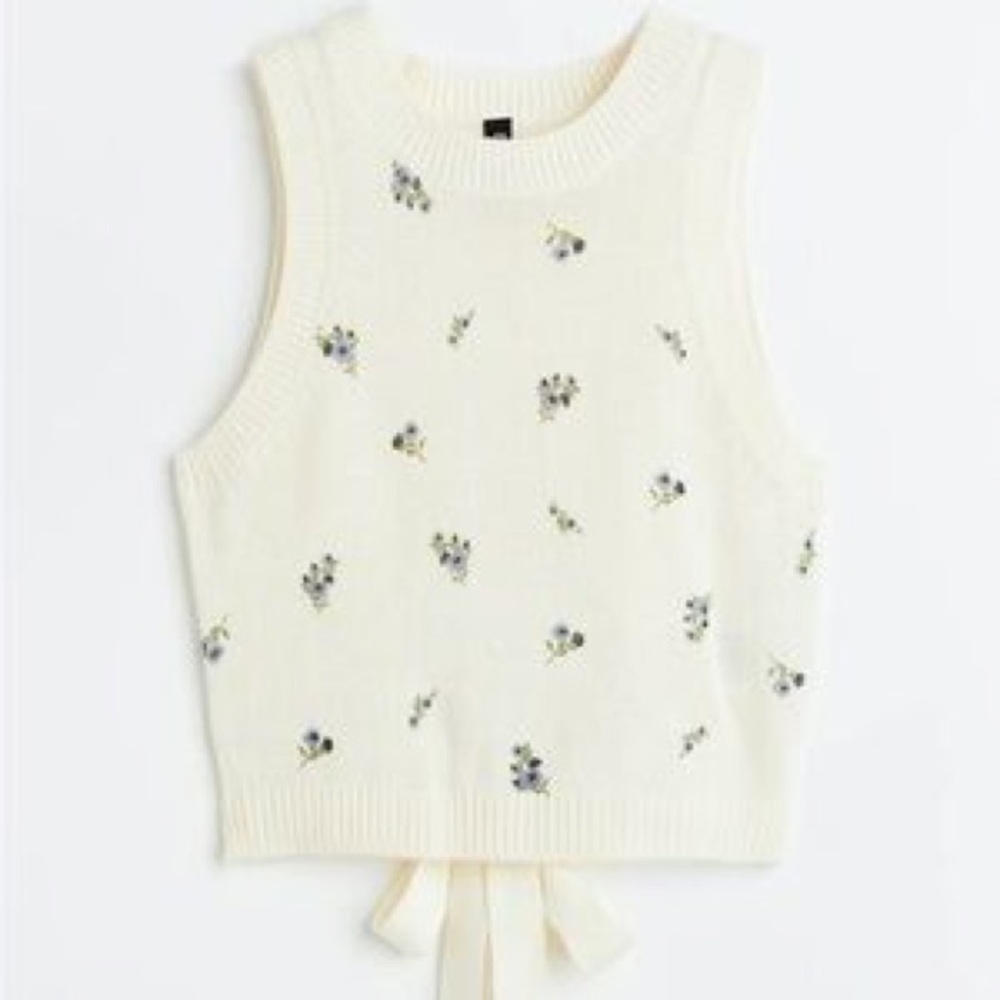 H&M Knit Sweater Tank Vest Cream Floral Open Back Tie Y2K 90’s